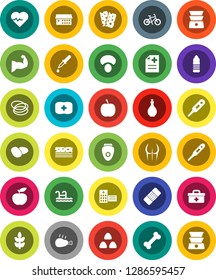 White Solid Icon Set- oil vector, double boiler, cereal, mushroom, potato, chicken leg, diet, heart pulse, bike, muscule hand, buttocks, water bottle, cereals, breads, first aid kit, bone, hoop