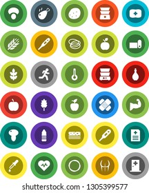 White Solid Icon Set- oil vector, double boiler, cereal, mushroom, potato, chicken leg, apple fruit, diet, heart pulse, muscule hand, buttocks, water bottle, fitness mat, cereals, breads, hoop, run