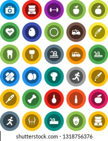 White Solid Icon Set- oil vector, double boiler, egg, mushroom, apple fruit, diet, barbell, heart pulse, buttocks, pool, first aid kit, bone, hoop, run, thermometer, dropper, patch, amkbulance car