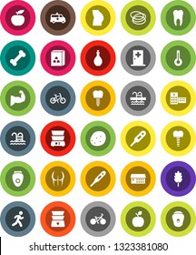 White Solid Icon Set- oil vector, double boiler, cereal, potato, apple fruit, diet, bike, muscule hand, buttocks, pool, bone, hoop, run, thermometer, hospital building, amkbulance car, tooth