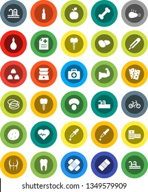 White Solid Icon Set- oil vector, double boiler, cereal, mushroom, potato, chicken leg, apple fruit, heart pulse, bike, muscule hand, buttocks, breads, pool, first aid kit, bone, hoop, thermometer