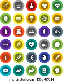 White Solid Icon Set- oil vector, double boiler, cereal, egg, potato, chicken leg, barbell, heart pulse, bike, muscule hand, water bottle, fitness mat, breads, pool, first aid kit, hoop, run
