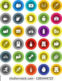 White Solid Icon Set- oil vector, double boiler, egg, chicken leg, apple fruit, bike, muscule hand, buttocks, water bottle, fitness mat, cereals, first aid kit, bone, run, doctor bag, thermometer