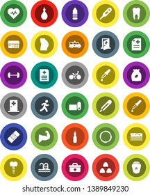 White Solid Icon Set- oil vector, cereal, barbell, heart pulse, bike, muscule hand, buttocks, water bottle, fitness mat, breads, pool, hoop, run, doctor bag, thermometer, dropper, patch, anamnesis