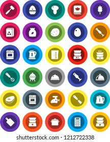 White Solid Icon Set- pan vector, kettle, measuring cup, cook timer, whisk, spatula, meat hammer, cutting board, grater, oven, double boiler, cookbook, blender, bbq, dish, cereal, egg, mushroom