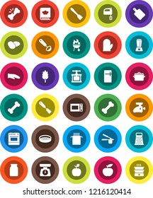 White Solid Icon Set- pan vector, scales, cook glove, press, spatula, ladle, cutting board, grater, mixer, microwave oven, cookbook, bbq, sieve, jar, cereal, pasta, potato, apple fruit, diet, bone