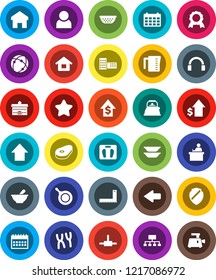 White Solid Icon Set- pan vector, kettle, colander, measuring cup, plates, steak, university, school building, corner ruler, student, medal, dollar growth, arrow up, hierarchy, calendar, scales