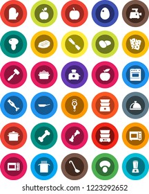 White Solid Icon Set- pan vector, scales, cook glove, spatula, ladle, meat hammer, microwave oven, double boiler, blender, dish, egg, pasta, mushroom, potato, steak, apple fruit, diet, breads, bone