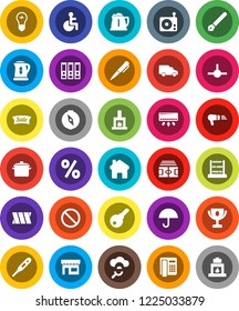 White Solid Icon Set- pan vector, kettle, pen, compass, award cup, abacus, binder, stadium, prohibition sign, car, umbrella, radio, disabled, thermometer, bandage, connect, cloud glass, home, sale