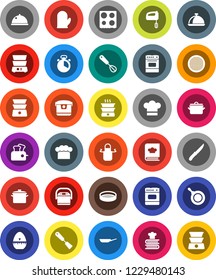 White Solid Icon Set- pan vector, cook hat, apron, glove, timer, whisk, spatula, knife, oven, double boiler, cookbook, sieve, dish, mixer, multi cooker, toaster