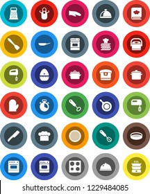 White Solid Icon Set- pan vector, cook hat, apron, glove, timer, whisk, spatula, knife, grater, oven, cookbook, sieve, dish, mixer, multi cooker, double boiler