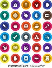 White Solid Icon Set- pan vector, colander, scales, cook hat, apron, glove, timer, press, meat hammer, cutting board, grater, toaster, microwave oven, spices, blender, sieve, cereal, egg, mushroom