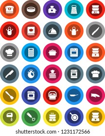 White Solid Icon Set- pan vector, cook hat, apron, glove, timer, whisk, spatula, knife, grater, oven, double boiler, cookbook, sieve, dish, mixer, multi cooker, toaster