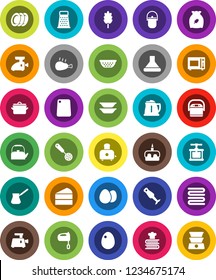 White Solid Icon Set- pan vector, camping cauldron, kettle, colander, towel, cook press, skimmer, cutting board, grater, turk coffee, mixer, toaster, microwave oven, cookbook, blender, plates, egg