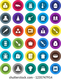White Solid Icon Set- pan vector, kettle, measuring cup, cook glove, towel, timer, press, skimmer, spatula, knife, grater, turk coffee, toaster, microwave oven, spices, blender, thermometer, sieve