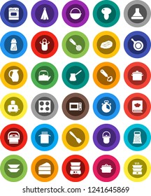 White Solid Icon Set- pan vector, camping cauldron, kettle, apron, towel, cook timer, skimmer, spatula, ladle, hand mill, grater, turk coffee, toaster, microwave oven, double boiler, cookbook, jug