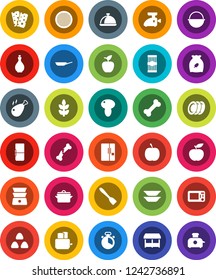 White Solid Icon Set- pan vector, camping cauldron, oil, cook timer, spatula, toaster, double boiler, plates, sieve, dish, cereal, pasta, mushroom, chicken leg, apple fruit, diet, cereals, breads