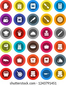 White Solid Icon Set- pan vector, cook hat, apron, glove, spatula, knife, grater, double boiler, cookbook, sieve, dish, mixer, multi cooker, toaster, oven