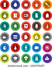White Solid Icon Set- pan vector, oil, cook hat, apron, glove, timer, ladle, grater, toaster, cookbook, bbq, plates, dish, jar, egg, pasta, mushroom, chicken leg, apple fruit, pills vial, fridge