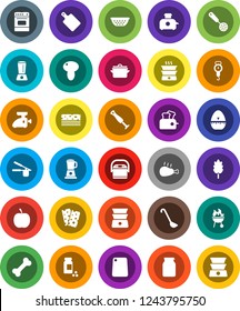 White Solid Icon Set- pan vector, colander, scales, cook timer, press, skimmer, ladle, cutting board, oven, double boiler, bbq, jar, cereal, mushroom, chicken leg, diet, pills vial, breads, bone