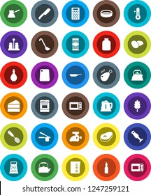 White Solid Icon Set- pan vector, kettle, oil, measuring cup, cook press, skimmer, ladle, knife, cutting board, grater, turk coffee, microwave oven, spices, blender, thermometer, sieve, jar, cereal