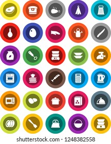 White Solid Icon Set- pan vector, camping cauldron, kettle, oil, apron, cook glove, towel, whisk, spatula, knife, grater, microwave oven, double boiler, cookbook, plates, dish, cereal, egg, potato