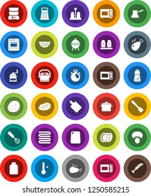 White Solid Icon Set- pan vector, colander, towel, cook timer, whisk, spatula, cutting board, hand mill, grater, turk coffee, microwave oven, double boiler, spices, thermometer, bbq, plates, jar