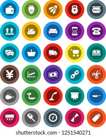 White Solid Icon Set- pan vector, chicken leg, compass, graph, cash, presentation board, yen sign, weight, shuttlecock, phone, ship, delivery, top, big scales, broken bone, sand clock, chain, wallet