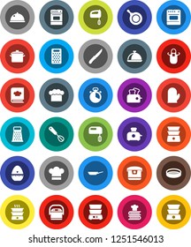 White Solid Icon Set- pan vector, cook hat, apron, glove, timer, whisk, knife, grater, oven, double boiler, cookbook, sieve, dish, mixer, multi cooker, toaster