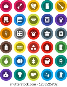 White Solid Icon Set- pan vector, camping cauldron, colander, scales, cook hat, apron, press, spatula, oven, double boiler, bbq, jar, cereal, egg, mushroom, potato, apple fruit, pills vial, cereals