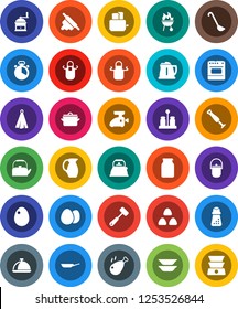 White Solid Icon Set- pan vector, camping cauldron, kettle, apron, towel, cook timer, ladle, rolling pin, meat hammer, hand mill, toaster, spices, bbq, plates, jug, dish, jar, cereal, egg, grinder