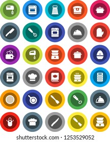 White Solid Icon Set- pan vector, cook hat, apron, glove, timer, whisk, spatula, knife, grater, oven, double boiler, cookbook, sieve, dish, mixer, multi cooker, toaster