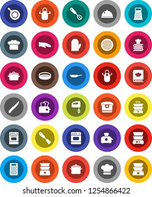 White Solid Icon Set- pan vector, cook hat, apron, glove, whisk, spatula, knife, grater, oven, double boiler, cookbook, sieve, dish, mixer, multi cooker, toaster