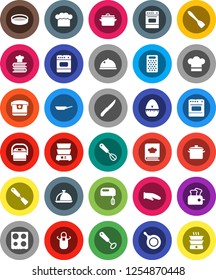 White Solid Icon Set- pan vector, cook hat, apron, glove, timer, whisk, spatula, knife, grater, oven, double boiler, cookbook, sieve, dish, mixer, multi cooker, toaster