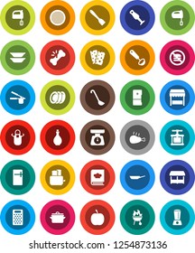 White Solid Icon Set- pan vector, oil, scales, apron, cook press, spatula, ladle, grater, mixer, toaster, cookbook, blender, bbq, plates, sieve, chicken leg, diet, breads, no fastfood, broken bone