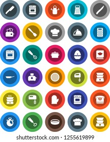 White Solid Icon Set- pan vector, cook hat, apron, glove, timer, whisk, spatula, knife, grater, oven, double boiler, cookbook, sieve, dish, mixer, multi cooker, toaster