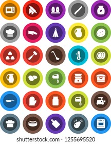White Solid Icon Set- pan vector, cook hat, glove, towel, ladle, knife, rolling pin, meat hammer, cutting board, mixer, microwave oven, double boiler, spices, thermometer, plates, jug, sieve, jar