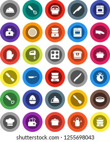 White Solid Icon Set- pan vector, cook hat, apron, glove, timer, whisk, spatula, knife, oven, double boiler, sieve, dish, mixer, multi cooker, toaster