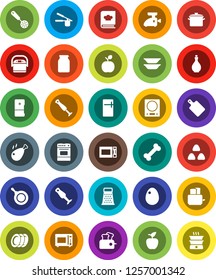 White Solid Icon Set- pan vector, oil, cook press, skimmer, cutting board, grater, toaster, microwave oven, cookbook, blender, plates, jar, cereal, egg, chicken leg, apple fruit, bone, fridge