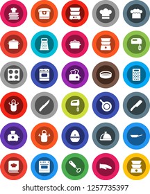 White Solid Icon Set- pan vector, cook hat, apron, glove, timer, whisk, knife, grater, oven, double boiler, cookbook, sieve, dish, mixer, multi cooker, toaster