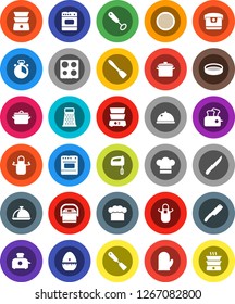 White Solid Icon Set- pan vector, cook hat, apron, glove, timer, whisk, spatula, knife, grater, oven, double boiler, sieve, dish, mixer, multi cooker, toaster