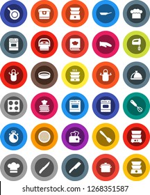 White Solid Icon Set- pan vector, cook hat, apron, glove, timer, whisk, spatula, knife, oven, double boiler, cookbook, sieve, dish, mixer, multi cooker, toaster