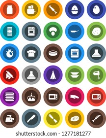 White Solid Icon Set- pan vector, cook hat, glove, towel, timer, spatula, knife, rolling pin, mixer, toaster, microwave oven, plates, sieve, jar, egg, pasta, mushroom, potato, steak, cake, hood