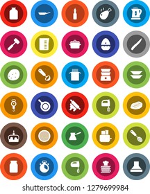 White Solid Icon Set- pan vector, kettle, measuring cup, scales, cook timer, skimmer, ladle, knife, rolling pin, meat hammer, turk coffee, mixer, toaster, double boiler, cookbook, plates, sieve, jar