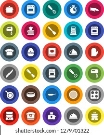 White Solid Icon Set- pan vector, cook hat, glove, timer, whisk, spatula, knife, grater, oven, double boiler, cookbook, sieve, dish, mixer, multi cooker, toaster