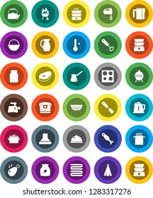 White Solid Icon Set- pan vector, camping cauldron, kettle, colander, measuring cup, towel, whisk, spatula, turk coffee, mixer, oven, double boiler, blender, thermometer, bbq, jug, dish, jar, cereal