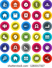 White Solid Icon Set- pan vector, measuring cup, cookbook, plates, steak, corner ruler, student, medal, university, man, hierarchy, calendar, scales, no hook, protected, connect, connection, shield