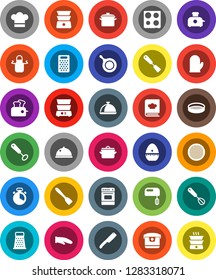 White Solid Icon Set- pan vector, cook hat, apron, glove, timer, whisk, spatula, knife, grater, oven, double boiler, cookbook, sieve, dish, mixer, multi cooker, toaster