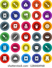 White Solid Icon Set- pan vector, cook hat, apron, glove, whisk, spatula, knife, grater, oven, double boiler, cookbook, sieve, dish, mixer, multi cooker, toaster