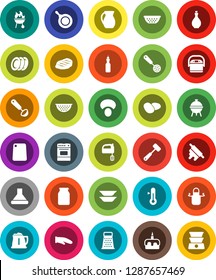 White Solid Icon Set- pan vector, kettle, oil, colander, apron, cook glove, skimmer, ladle, rolling pin, meat hammer, cutting board, grater, mixer, oven, thermometer, bbq, plates, jug, jar, mushroom